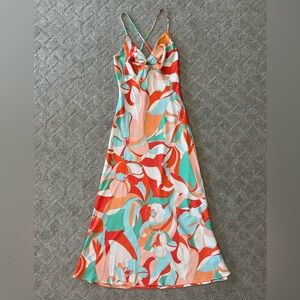 Retro Floral Silk Midi Dress